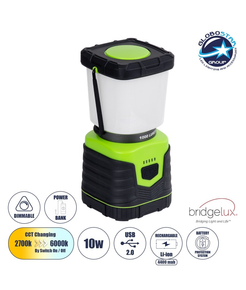 GloboStar® 69930 Αυτόνομο Επαναφορτιζόμενο Φανάρι Camping LED 10W με Εναλλαγή Χρωμάτων & Επαναφορτιζόμενη Μπαταρία 18650 4400mAh Li-ion - Power Bank - Αδιάβροχο IP54 Θερμό Λευκό 2700K - Ψυχρό Λευκό 6000K Μ18.5 x Π9 x Υ9cm